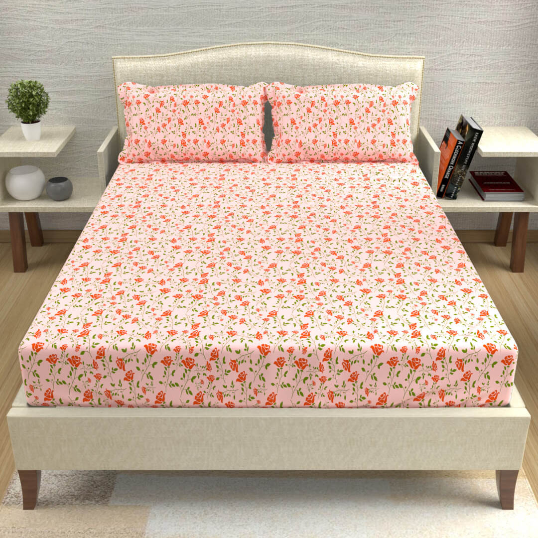 buy baby pink floral roses cotton double bed bedsheets online – front view